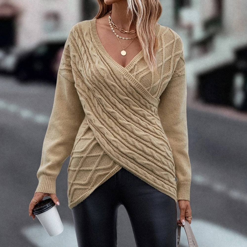 Cozy Chunky Cable Knit Wrap Sweater Top - Picture 6 of 15